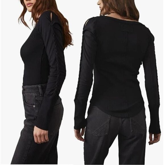 We The Free Tops - NEW We the Free People Daisy Chain Long Sleeve Braided Fitted Black Medium NWOT
